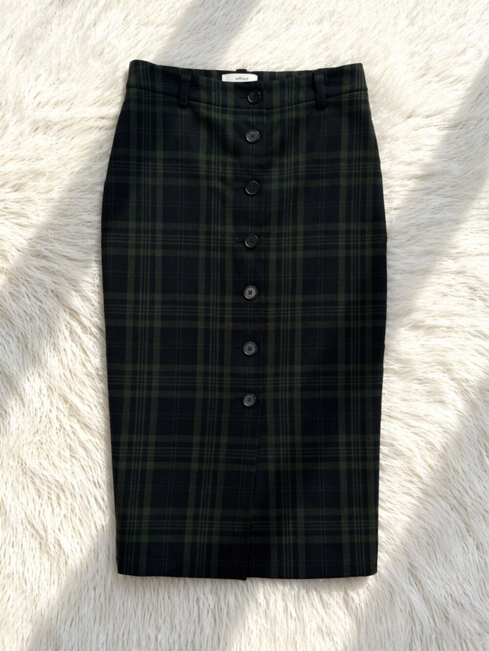 Aritzia Wilfred Plaid Midi Skirt Size 2 NWOT Black Green Tartan Button Front